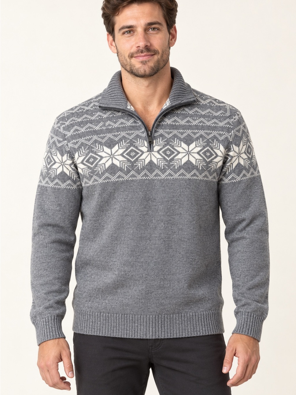 NWT Weatherproof Men's Gray & White Fair Isle Half-Zip Sweater